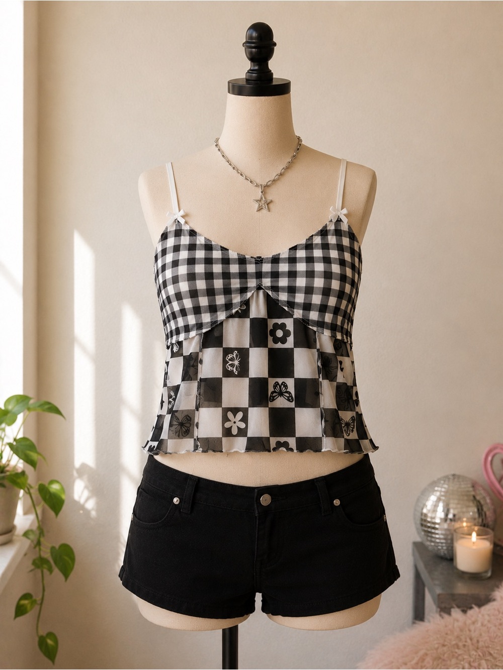 Forever 21 Black & White Gingham and Checkerboard Butterfly Crop Cami